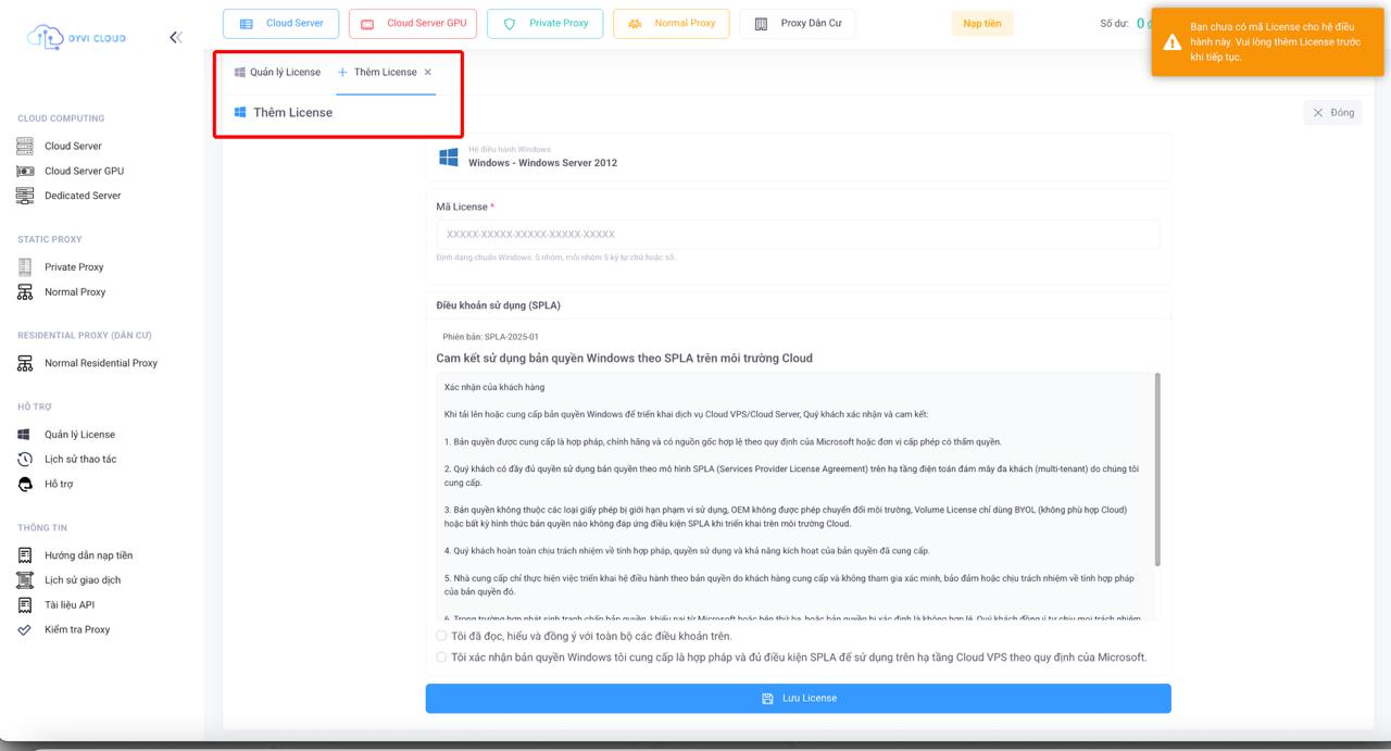 Các bước cập nhập License cho VPS