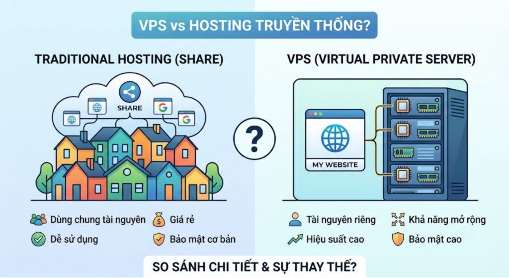 VPS có thay thế được hosting truyền thống không? So sánh chi tiết