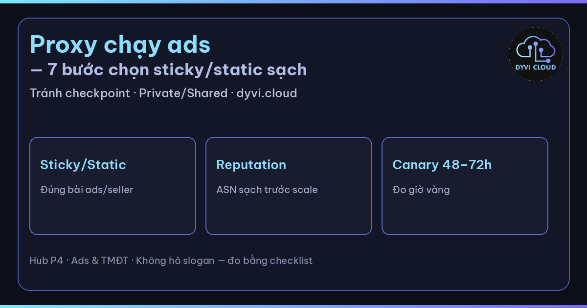 proxy chạy ads – hub chọn sticky/static sạch và checklist Dyvi.Cloud