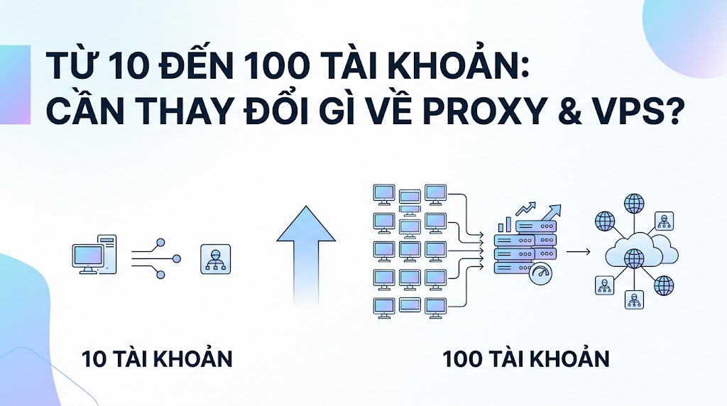 Scale từ 10 → 100 acc: cần thay đổi gì về Proxy & VPS
