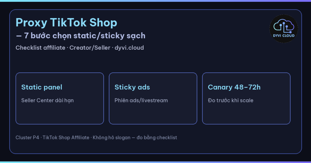 proxy TikTok Shop – chọn static sticky sạch và checklist affiliate Dyvi.Cloud